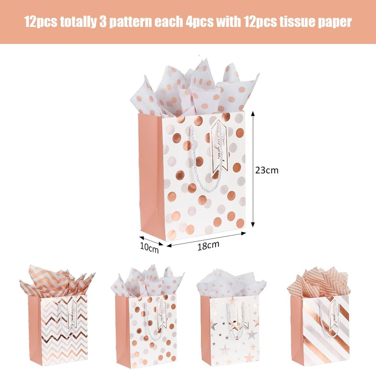 12pcs 9" Gift Bags, Medium Size Paper Bags with Tissue Paper, White Gold Wrap Paper Gift Bags with Handles for Shopping Party Wedding Baby Shower Holiday Presents (Rose Gold)